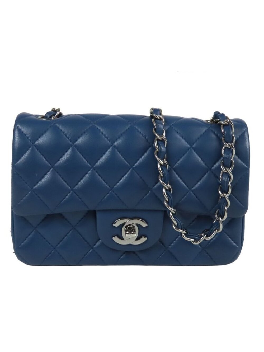 Chanel Chain Shoulder Bag Blue Silver Lambskin Quilted 20